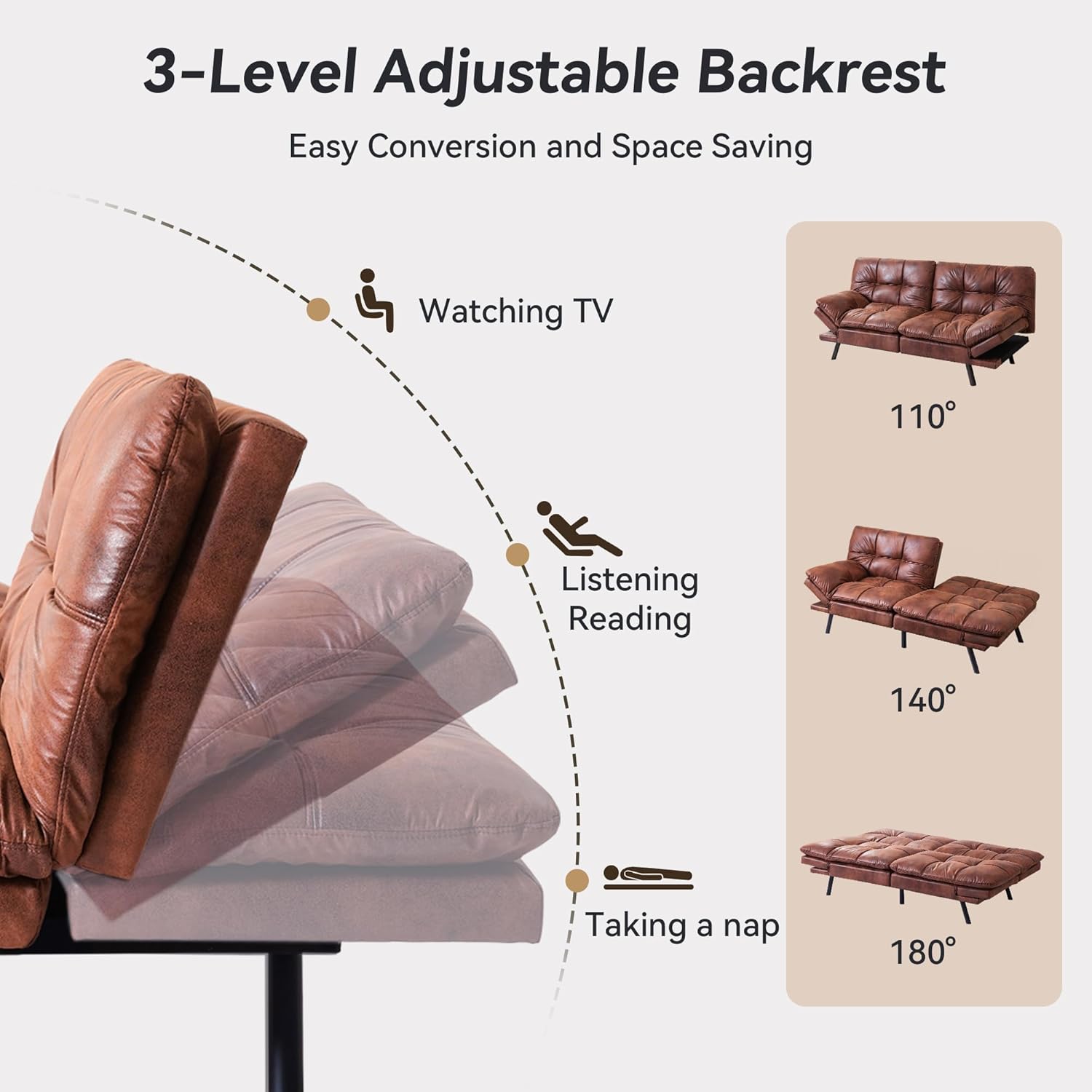 71' Convertible Futon Sofa Bed,Faux Leather Futon Couch,Memory Foam Loveseat Sleeper Sofa,Small Splitback Modern Folding Couch for Living Room,Office,Apartment,Saddle Brown