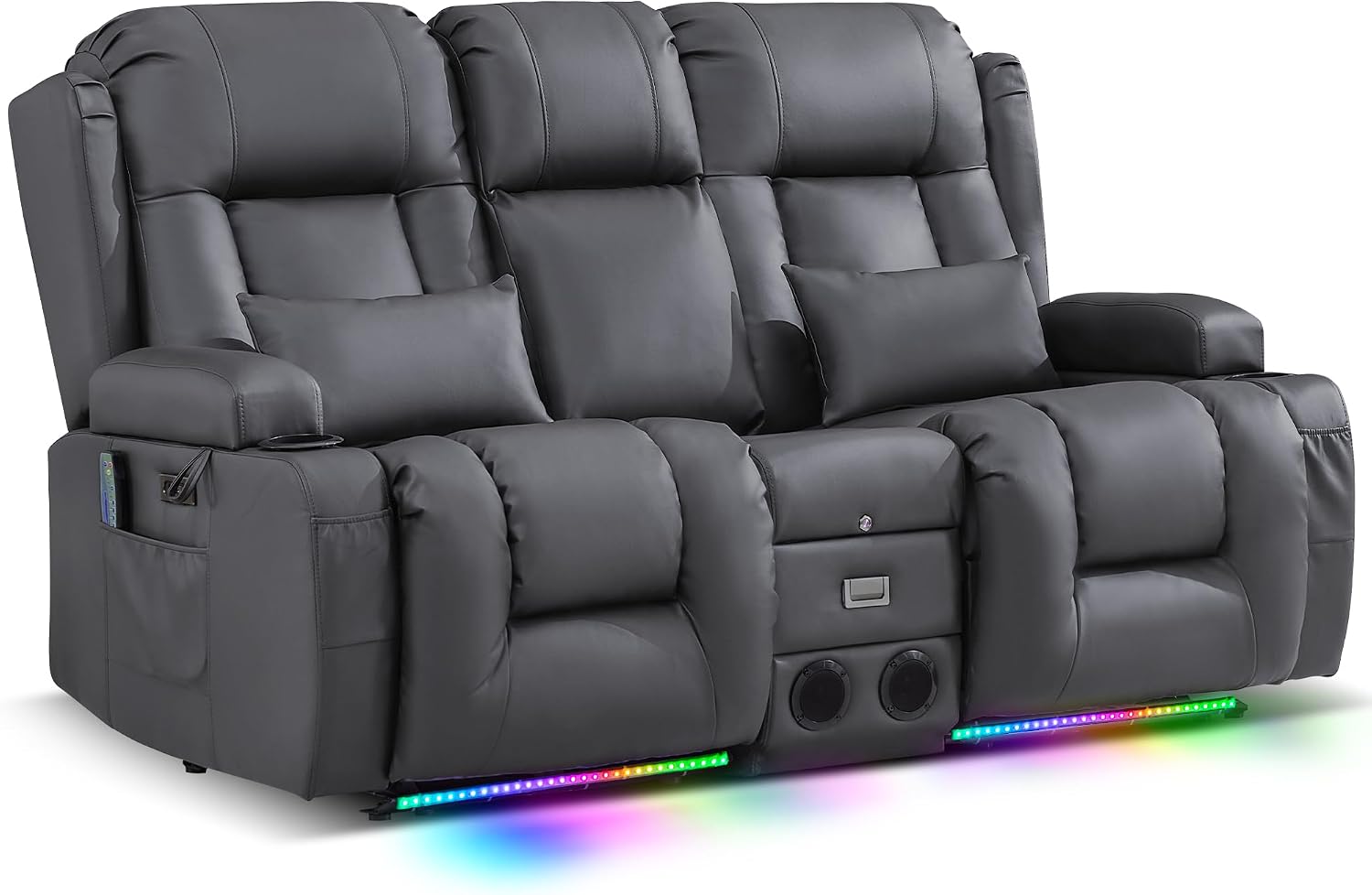 TUNYI Power Loveseat Recliner Sofa with Massage & Heat Home Theater Seating with Console RV Recliner Loveseat Sofa with USB/Storage/Side Pocket/LED Light/Speaker (Warm Grey, Loveseat)
