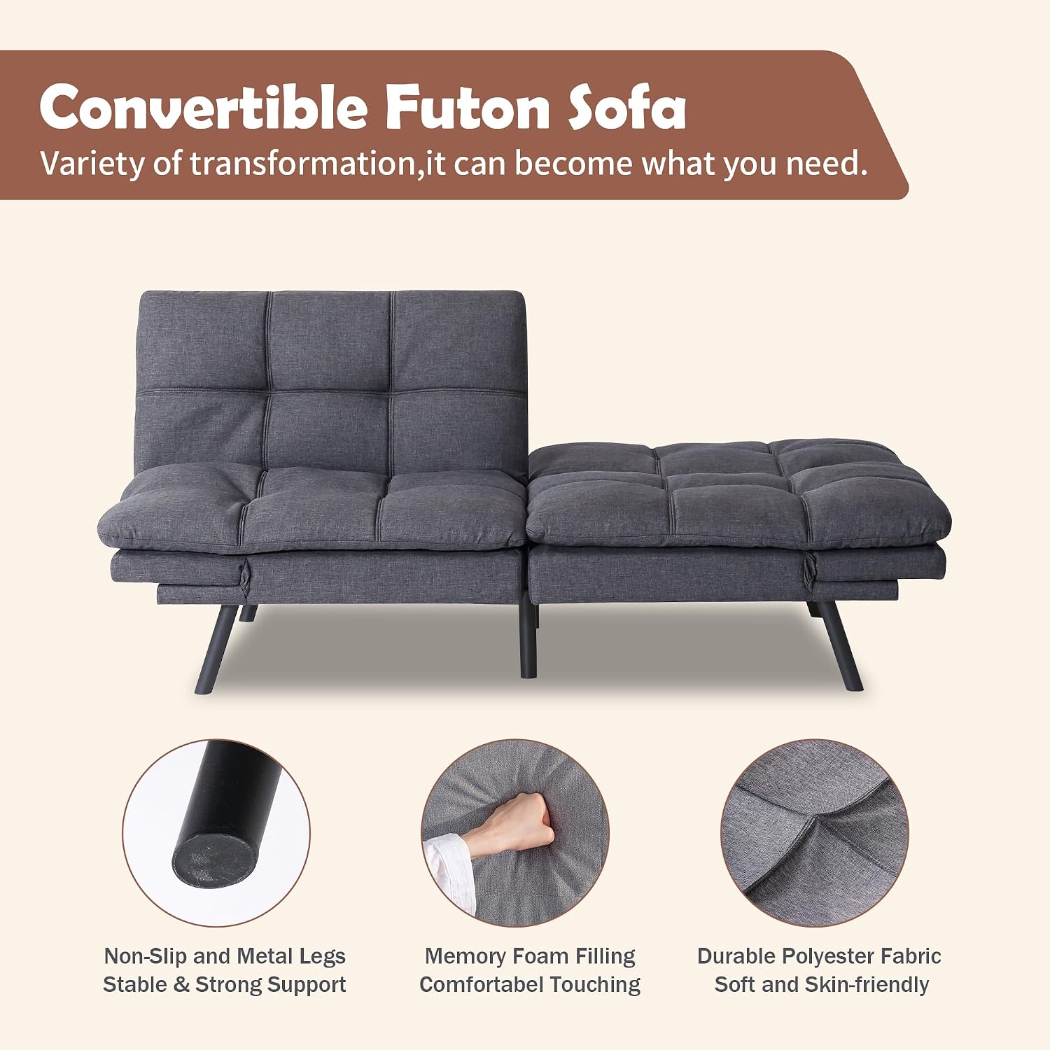Hcore Futon Sofa Bed, Memory Foam, Sofa Bed, 71' L x 31' W x 16' H, Dark Grey