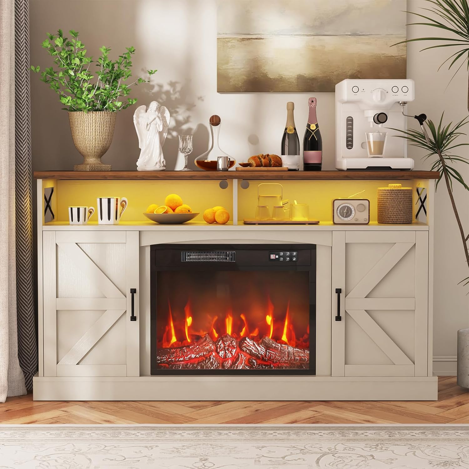 YGEOMER TV Stand with Fireplace, 59in Entertainment Center with LED Lights, for 65 inch TVs, with Opening Shelves and Storage Cabinets, for Living Room, White