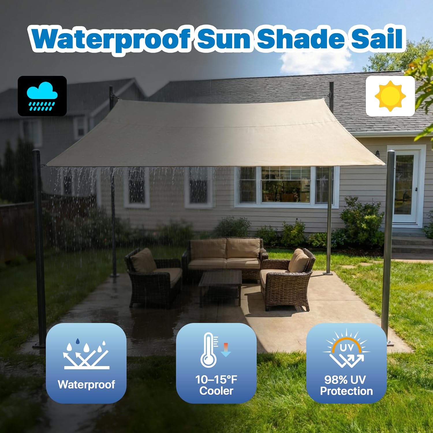 Royal Shade 14' x 20' Beige Rectangle Waterproof Sun Shade Sail Order to Make Canopy Awning, UPF50+ 95% UV Blockage Water Resistant, Outdoor Backyard Patio Garden Carport (We Customize)