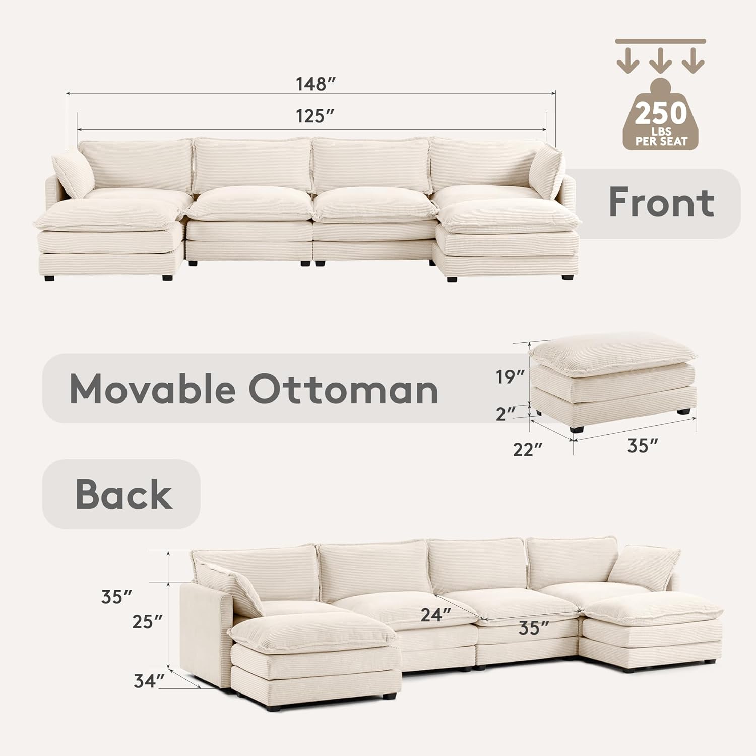 ROWHY 148'' Sectional Cloud Couch with 2 Ottomans, Oversized 4 Seat Sleeper Sofa with 2 Throw Pillows, Convertible Upholstered U Shaped Cozy Sofa Furniture Set for Living Room and Office, Beige