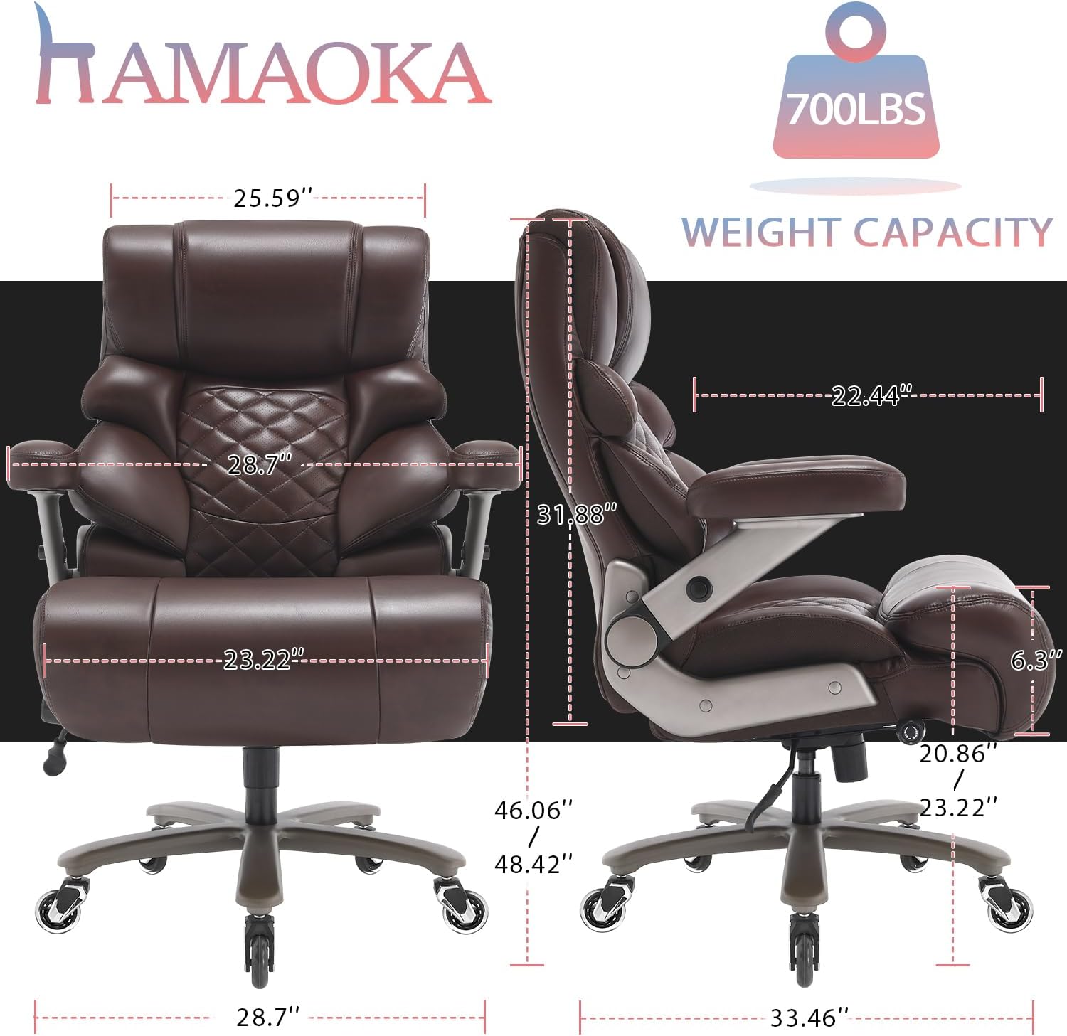 700lbs Big and Tall Office Chair - Adjustable Lumbar Support Heavy Duty Metal Base Quiet Rubber Wheels High Back Large Executive Computer Desk Swivel Chair, Ergonomic Design for Back Pain