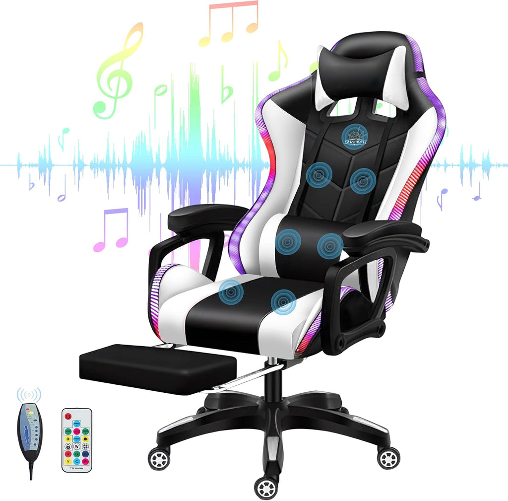 RGB Gaming Chair with Footrest and Speakers Ergonomic Massage Office Chair Lumbar Support Racing Game Chair Adjustable Height PU Leather Computer Chair for Adults Teens,White