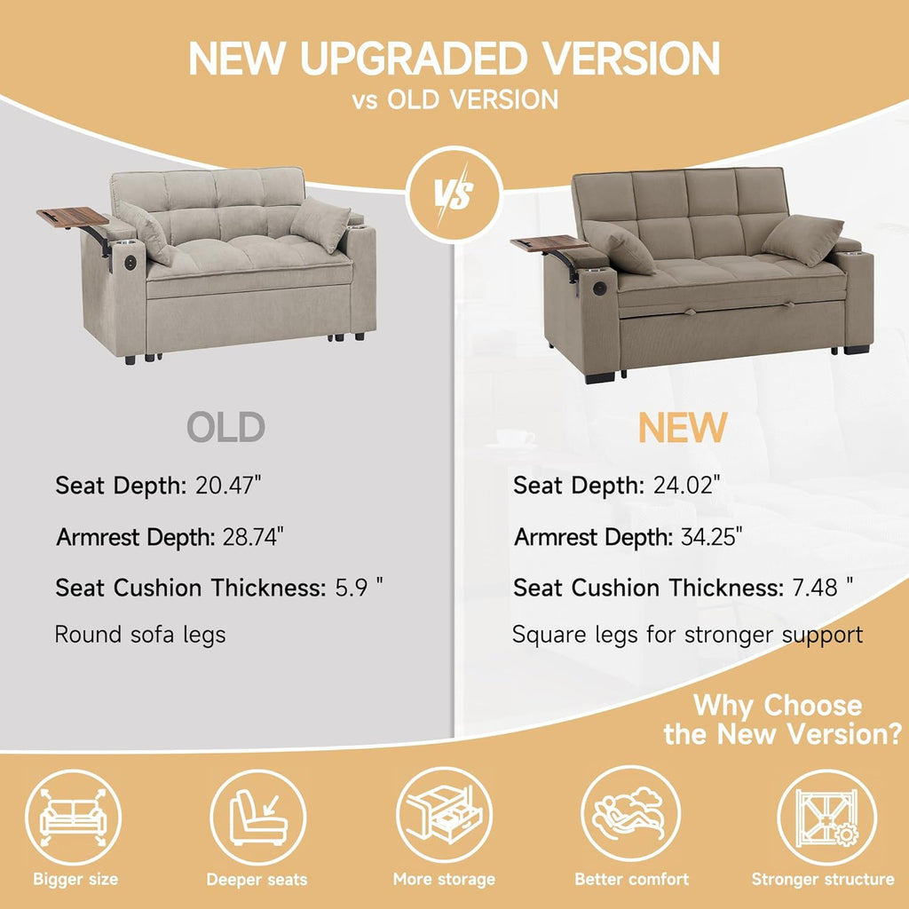 hansones 66' Multi-Functional Pull-Out Sofa Bed with Hidden Side Table, Storage Armrests, Built-in Charging Port, Spring Mattress, Solid Wood Frame – Ideal for Small Spaces, Easy Assembly