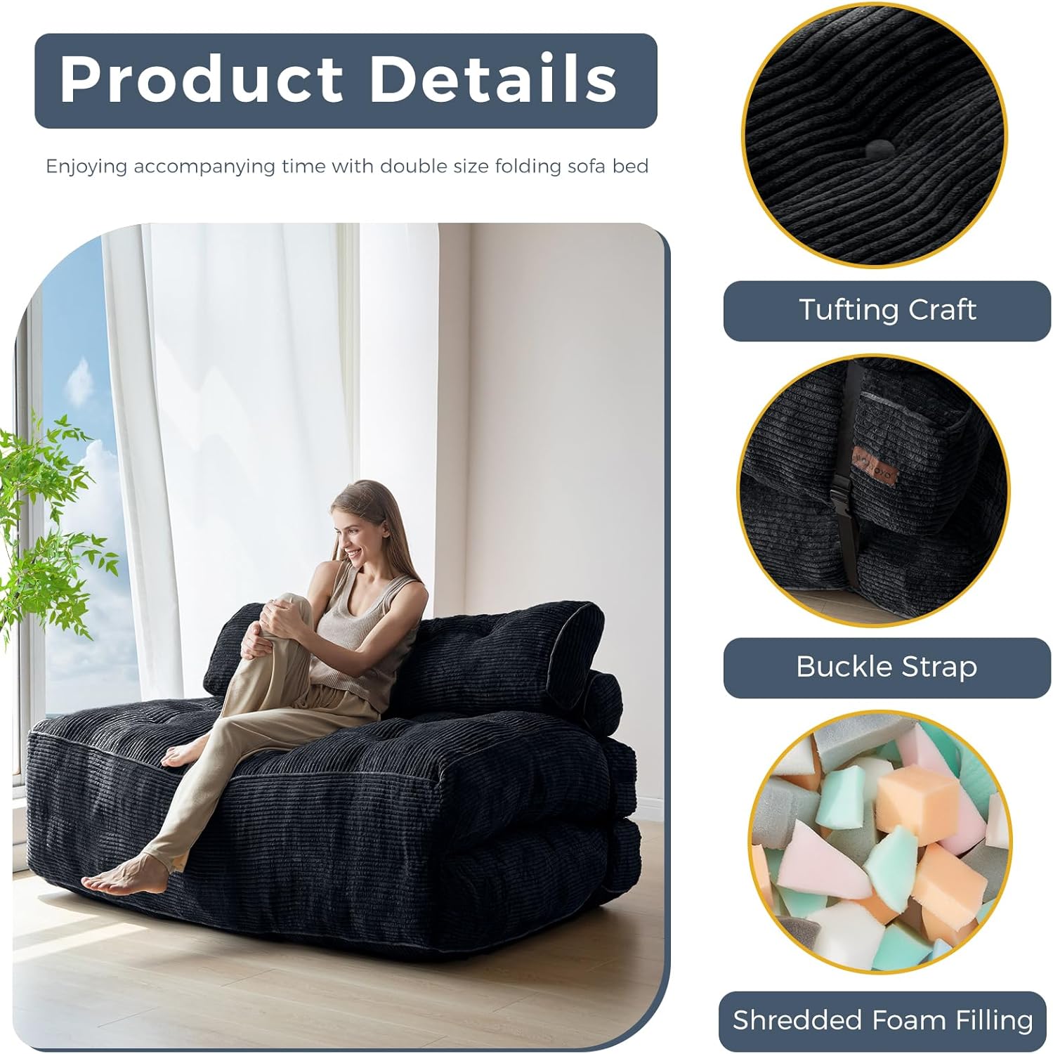 MAXYOYO Folding Sofa Bed, Convertible Sleeper Chair with Pillow Foldable Mattress with Back Support, Portable Fold Out Chair Bed Comfy Floor Sofa Lounge for Living Room Bedroom, Black Double