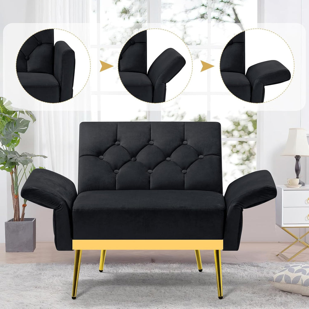 2 Pieces Velvet Sofa Set w/Adjustable Armrests and Backrests, Tufted Accent Chair w/Ottoman, Convertible Futon Sofa Bed for Bedroom, Living Room, Apartment, Black