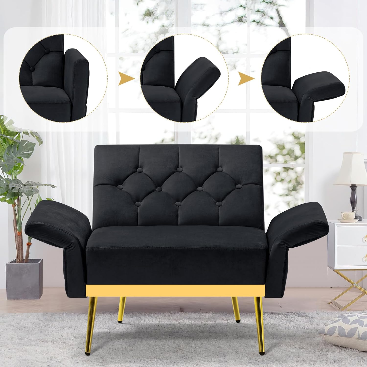 2 Pieces Velvet Sofa Set w/Adjustable Armrests and Backrests, Tufted Accent Chair w/Ottoman, Convertible Futon Sofa Bed for Bedroom, Living Room, Apartment, Black