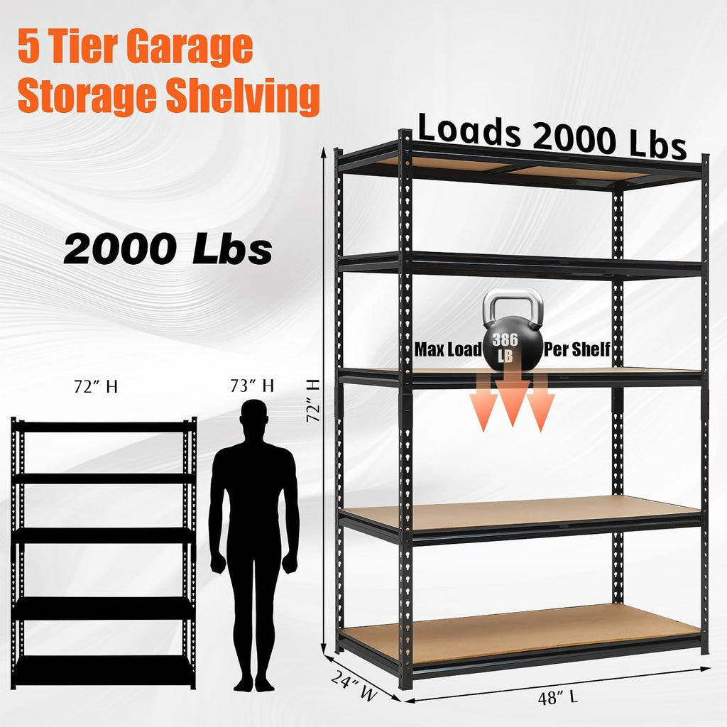 Garvee 5-Tier Garage Shelving Units,60x24x72 in Metal Heavy Duty Adjustable Storage Shelves,Loads 3000 LBS,Garage Storage Shelving, Metal Storage Utility Racks Shelf Unit