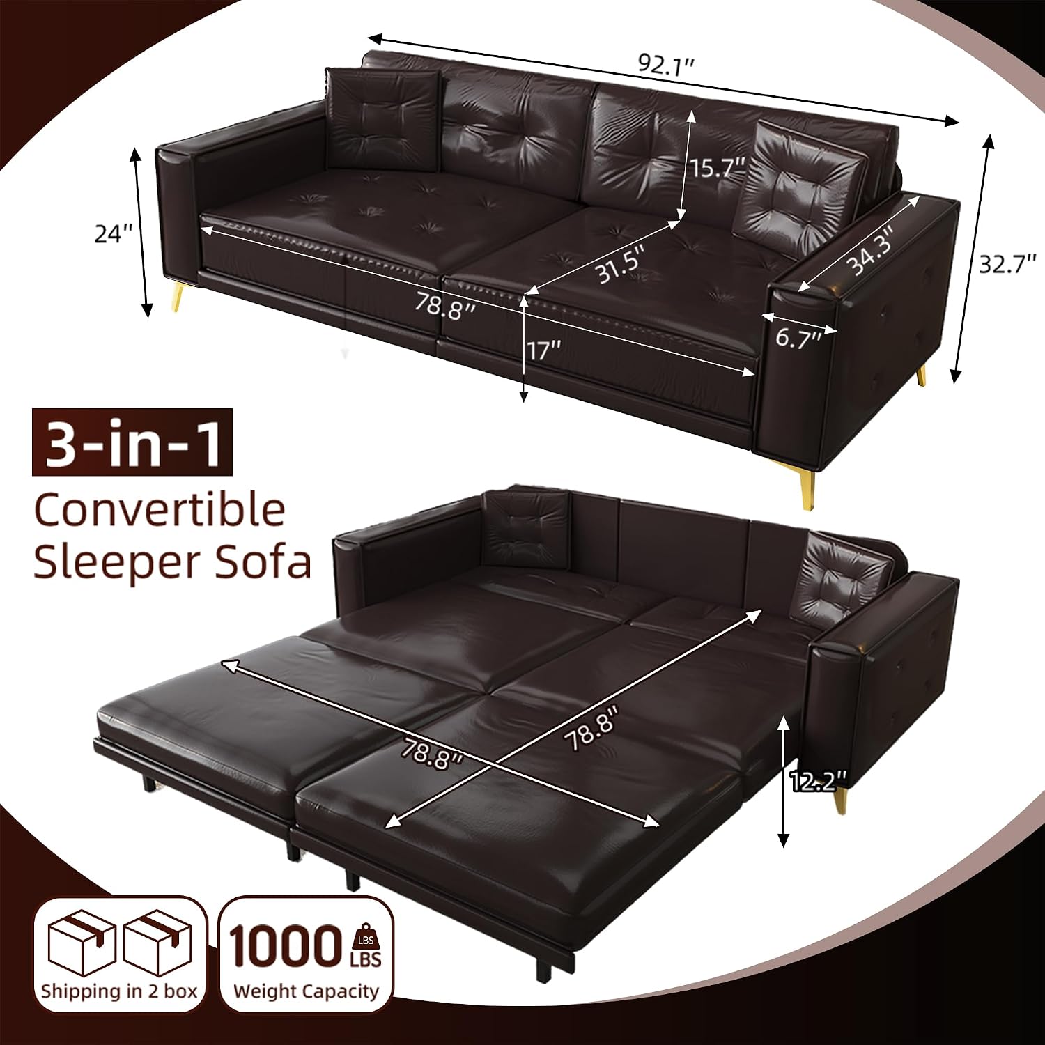 92.1'' Pull Out Sofa Bed King, Faux Leather Futon Couch, 3-in-1 Convertible Sleeper Sofa with Tufted Back, Gold Furniture Legs, Deep Loveseat for Living Room, Apartment, Office, Dark Brown