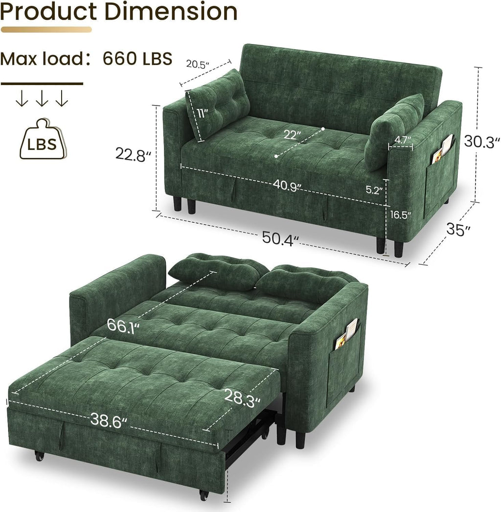 KKL 3 in 1 Convertible Small Sleeper Sofa Bed, Pull Out Couch Bed with Adjustable Backrest, Chenille Loveseat Pullout Couches with Side Pocket for Living Room, Bedroom,Green