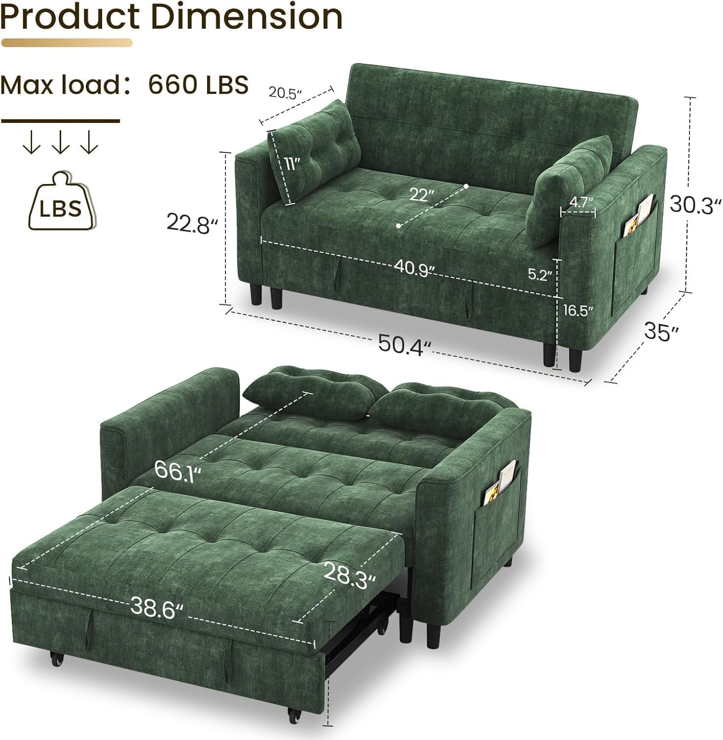 KKL 3 in 1 Convertible Small Sleeper Sofa Bed, Pull Out Couch Bed with Adjustable Backrest, Chenille Loveseat Pullout Couches with Side Pocket for Living Room, Bedroom,Green