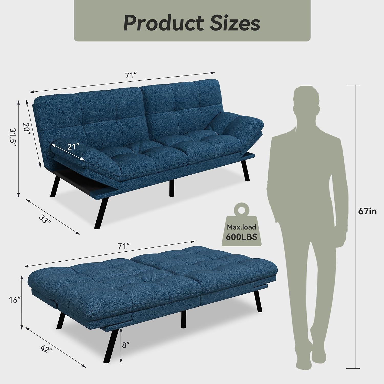 Convertible Futon Sofa Bed,Blue Linen Modern Futon Couch,Memory Foam Loveseat Sleeper Recliner,Detachable Cushion,Adjustable Backrest & Armrest,Couches for Living Room,Office,Apartment