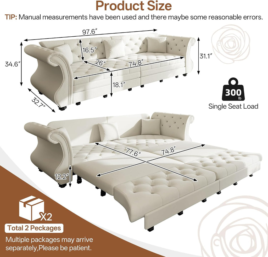 97.6'' Sleeper Sofa Bed King Size, Flower Tufted Pull Out Couch, Velvet Chesterfield Futon Couches, Modern 4 Seater Convertible Sofa, 3 Pillows for Living Room, Apartment, Offices, Beige