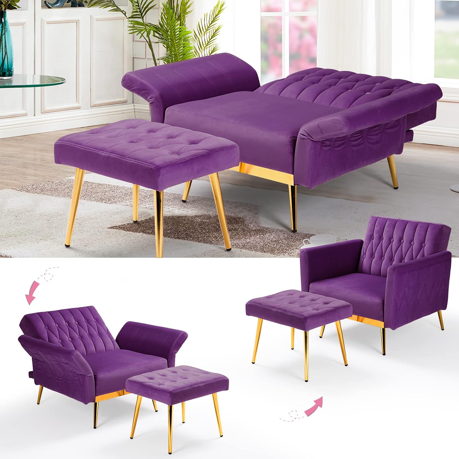 2 Pieces Velvet Sofa Set with Adjustable Armrest and Backrest, 70' Convertible Futon Sofa Bed & Mordern Accent Chair with Ottoman for Living Room, Bedroom, Purpel