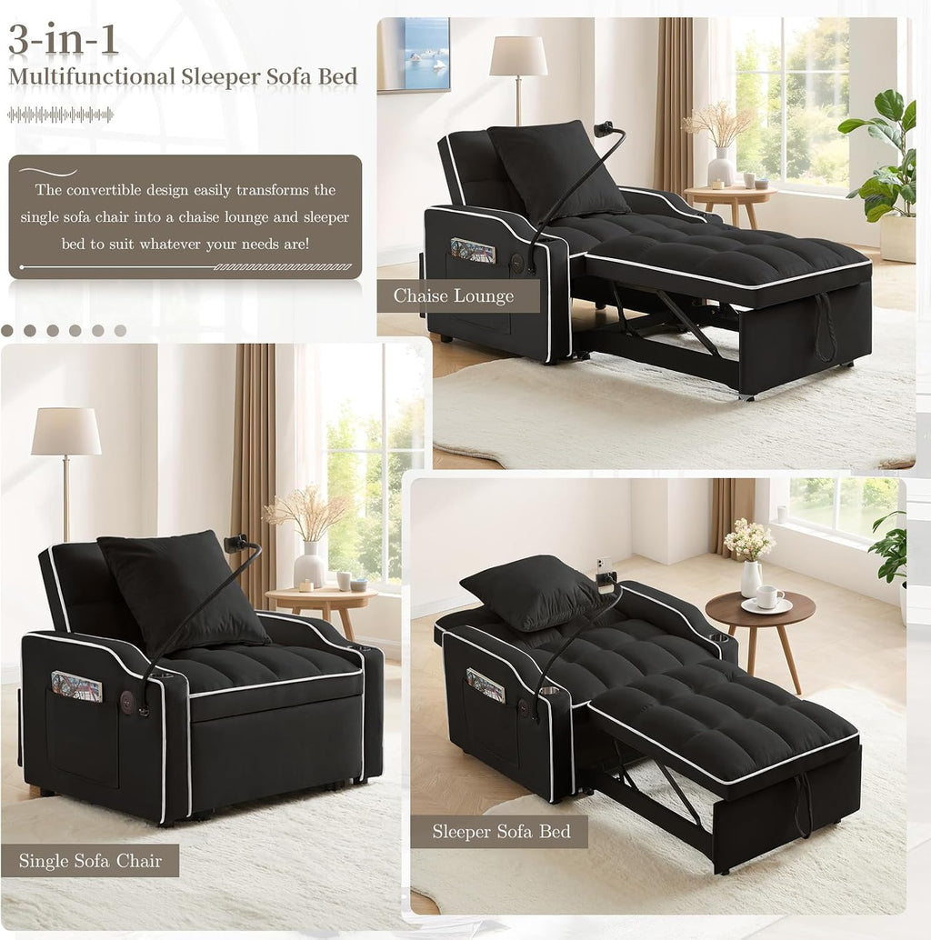 Convertible Sleeper Sofa Chair Bed, 3 in 1 Velvet Single Small Futon Sofa Bed with Phone Holder & USB Ports,Pull Out Couch Recliner with Adjustable Backrest for Living Room, Office, Small Place(Black)