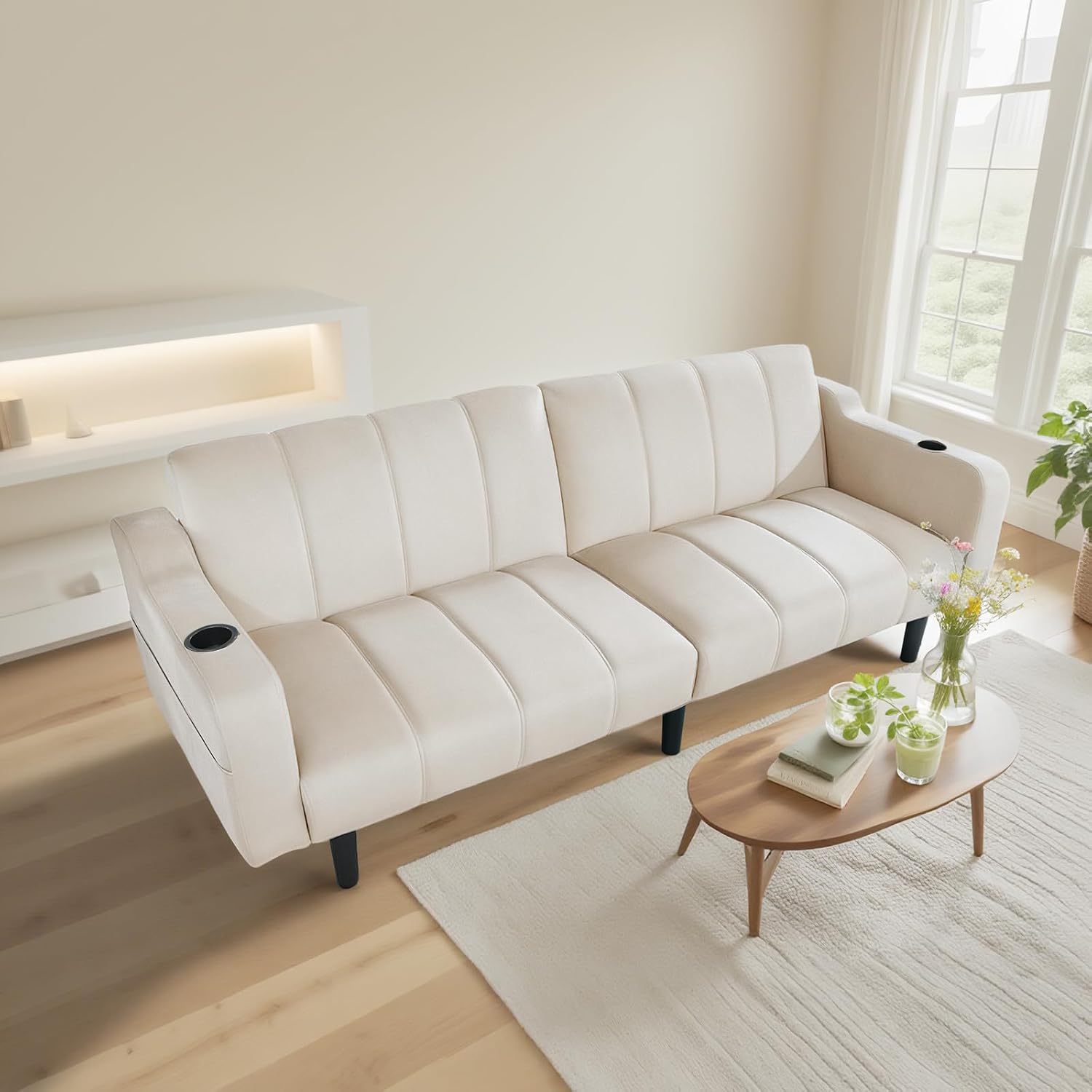 80' Velvet Futon Sofa Bed, Convertible Sleeper Loveseat with Cup Holders & Storage Pockets, Mid Century Modern Couch for Living Room, Bedroom, Office, Small Space (Off-White)