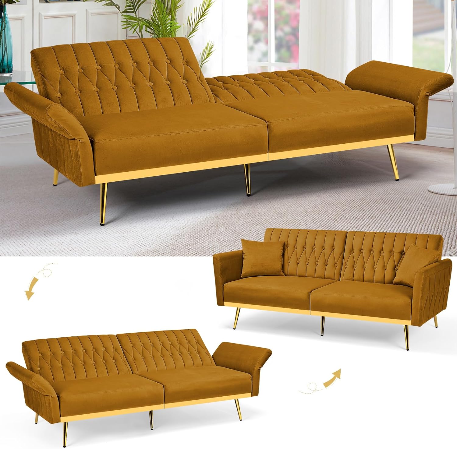 2 Pieces Velvet Sofa Set with Adjustable Armrest and Backrest, 70' Convertible Futon Sofa Bed & Mordern Accent Chair with Ottoman for Living Room, Bedroom, Ginger