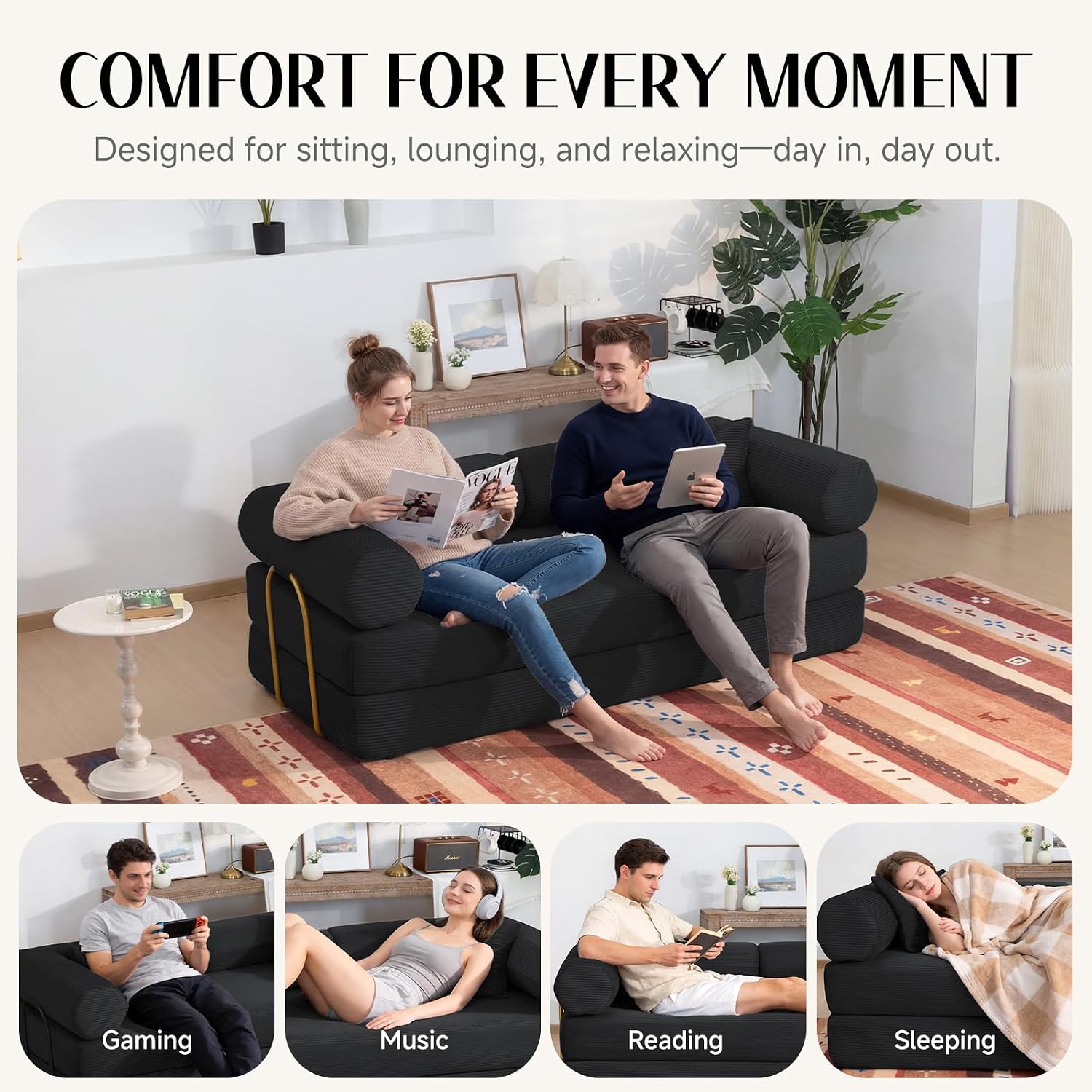 79' Corduroy Sofa Bed, Boneless Couch in a Box with 2 Pillows, High-Density Foam 4-in-1 Foldable Sleeper Futon Loveseat for Small Spaces, No Assembly, Side Pockets, Hex Arm Black