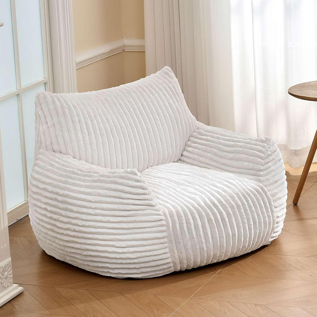 LKD Bean Bag Chairs for Adults,Comfy Corduroy Bean Bag Chair with Arms,Modern Living Room Decorative Corner Chair Bedroom,Reading Sofa, Dormitory Lounge Sofa Chairs for Bedroom (White，No Ottoman)
