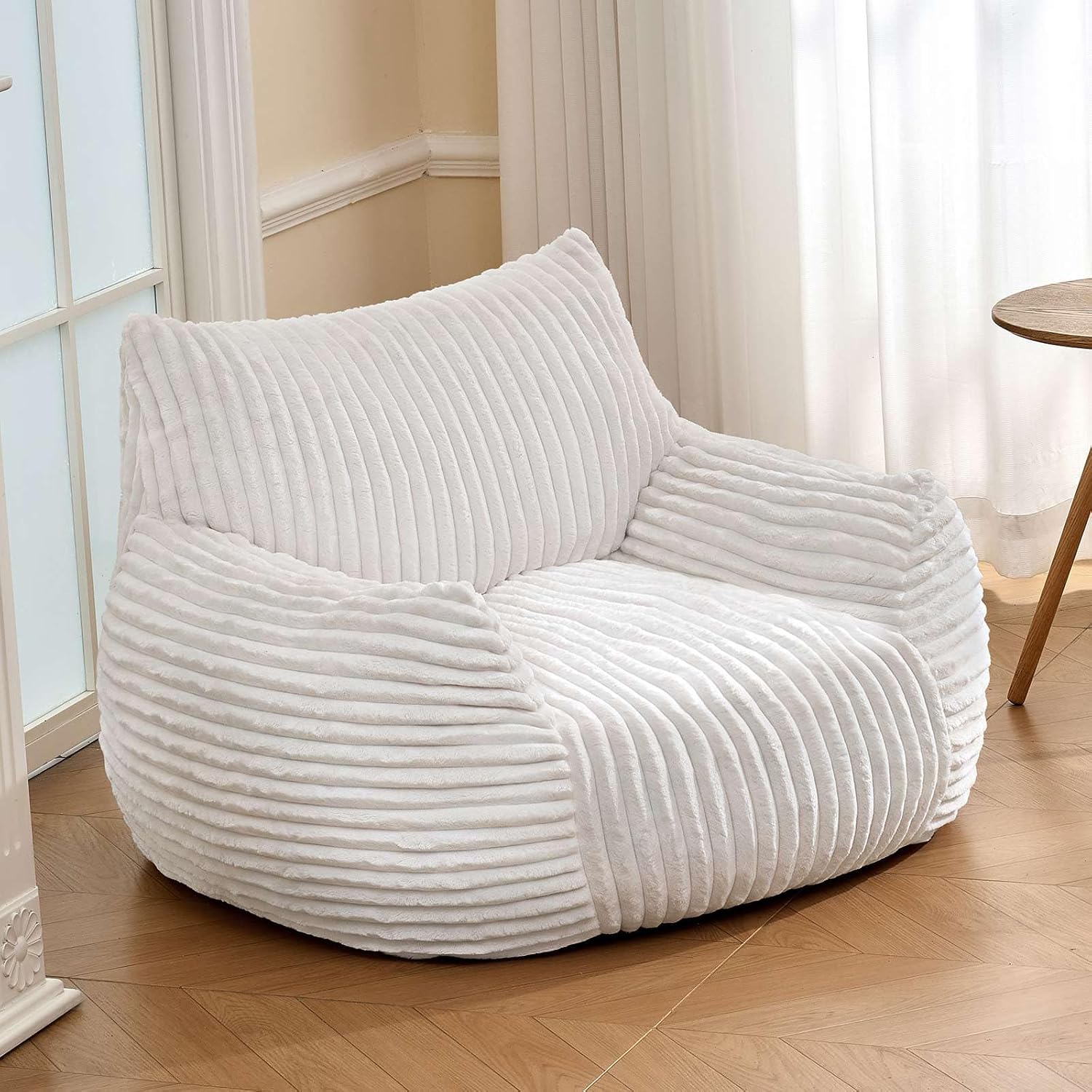 LKD Bean Bag Chairs for Adults,Comfy Corduroy Bean Bag Chair with Arms,Modern Living Room Decorative Corner Chair Bedroom,Reading Sofa, Dormitory Lounge Sofa Chairs for Bedroom (White，No Ottoman)