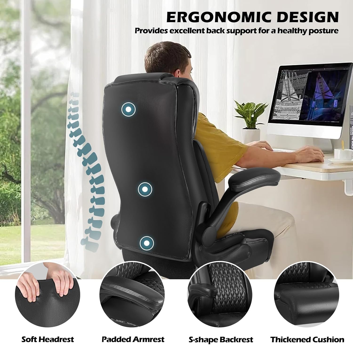 LEMBERI High Back Executive Office Chair for Adult, Big and Tall Leather Home Desk Chairs with Padded Flip-up Arms, Swivel Rolling Computer Gaming Chair (Black)