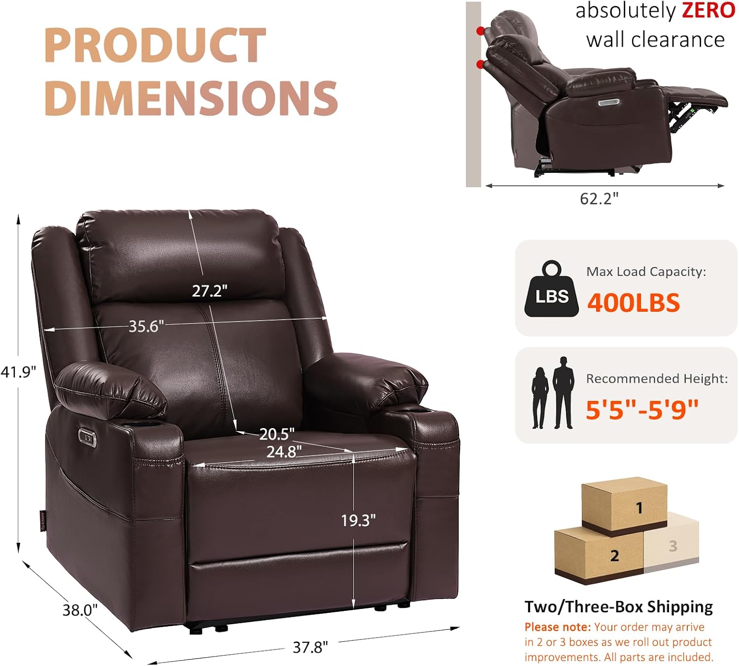 EONIX Wide Power Wall Hugger Recliner Chair for Small Space, Real Zero Clearance Power Recliner for RV, Living Room, Bedroom, 400lbs Heavy Duty, SXXY012992, Chocolate Brown