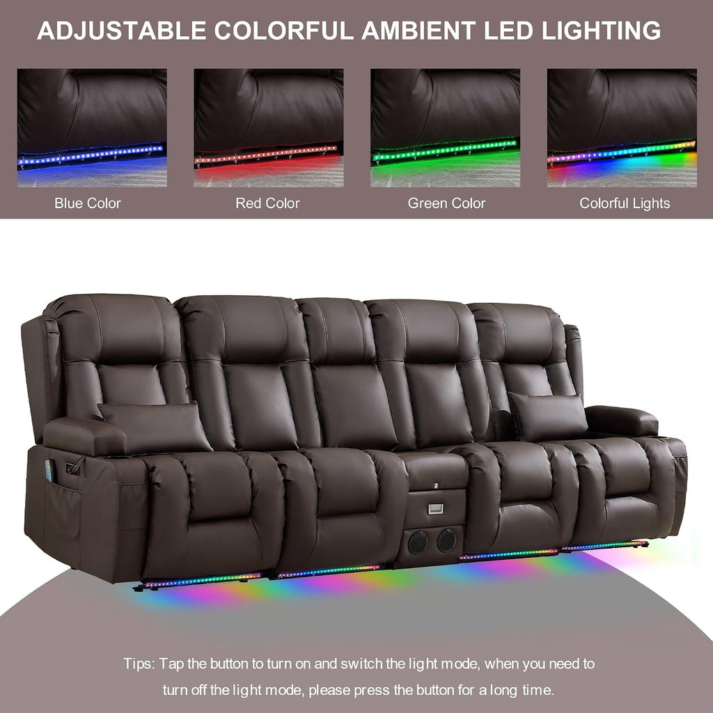 TUNYI Power Loveseat Recliner Sofa with Massage & Heat Home Theater Seating with Console RV Recliner Loveseat Sofa with USB/Storage/Side Pocket/LED Light/Speaker (Brown)