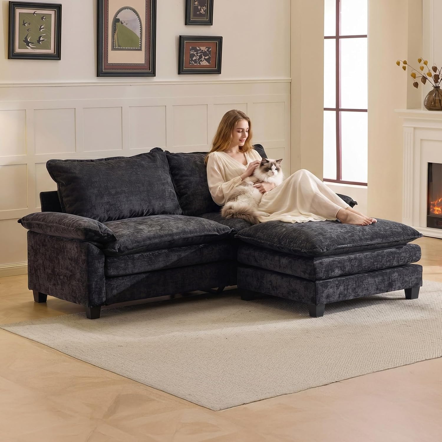 VINGLI 87' Convertible Sectional Sofa,L-Shape Deep Seat Sofa Couch for Living Room,Modern Chenille 2 Seat Loveseat Sofa with Ottoman for Small Space(Black, 87')