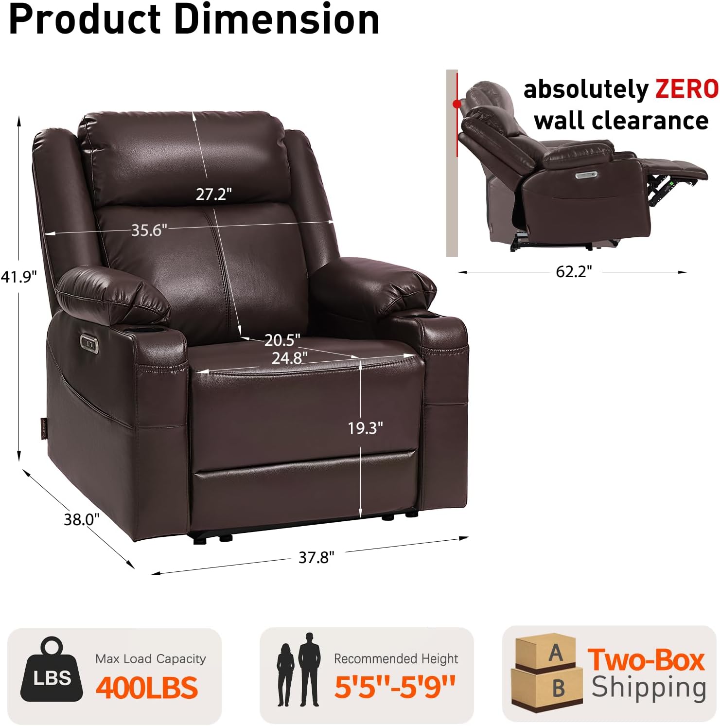 EONIX Wall Hugger Recliner for Small Space, Real Zero Clearance Power Recliner, Lazy Boy Recliner Chair with Cup Holders for RV, Living Room, Bedroom, SXXY011990, Chocolate Brown