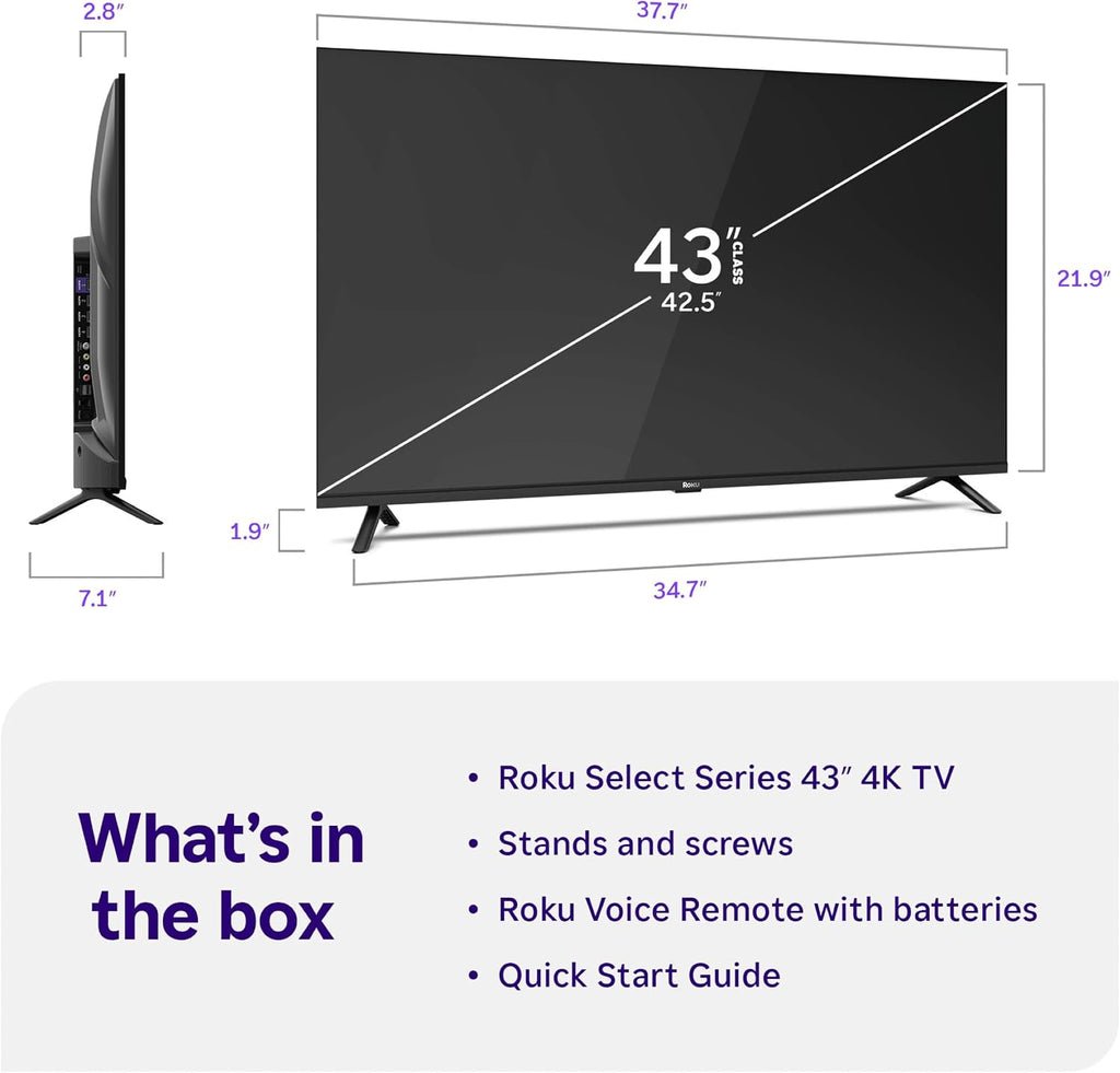 Roku Smart TV 2026 – 43-Inch Select Series, 4K HDR TV – Roku TV with Voice Remote – Flat Screen LED Television with Wi-Fi for Streaming Live Local News, Sports, & Movies – Bluetooth Headphone Mode