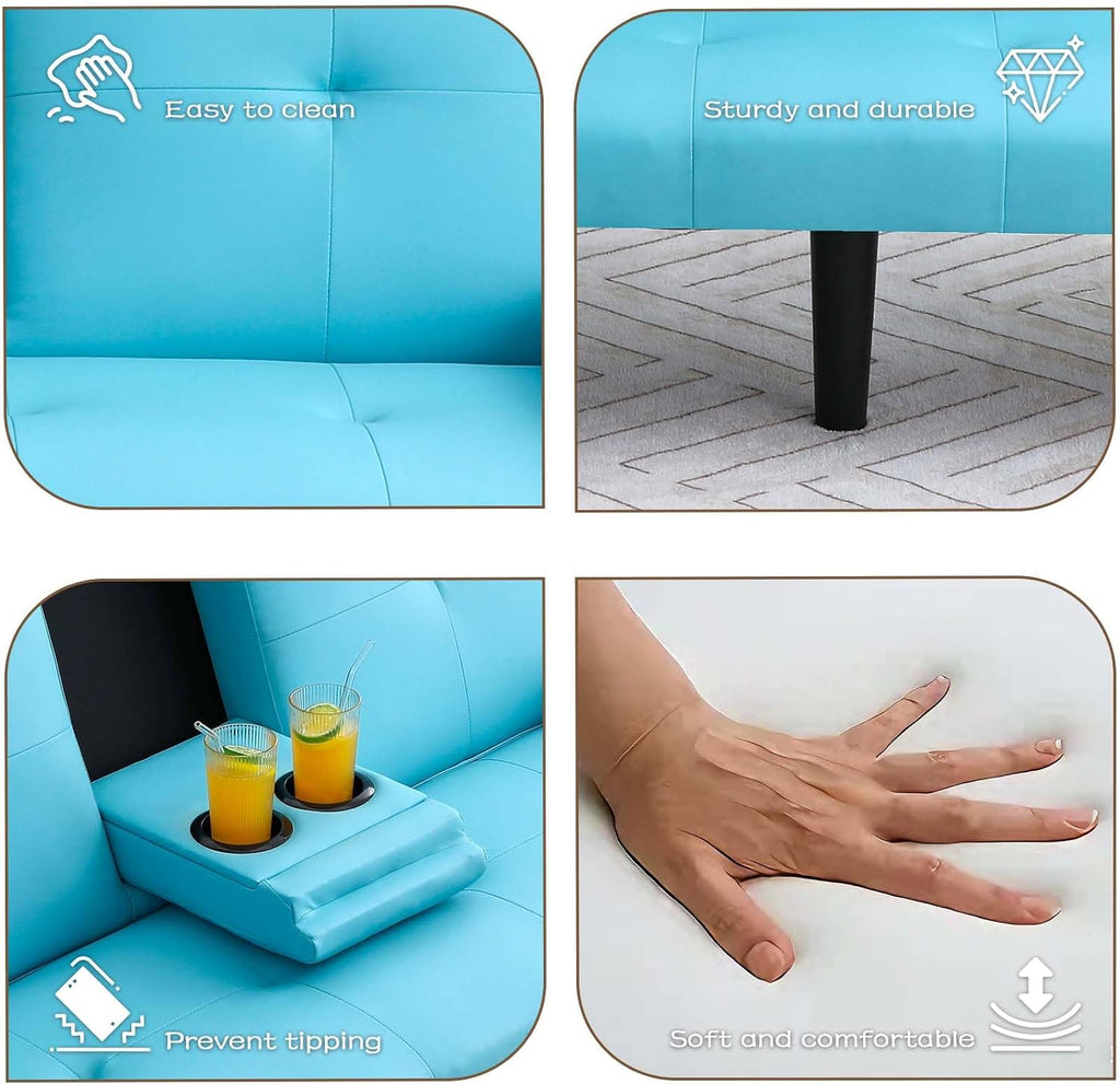 67' Futon Sofa Bed,Convertible Sofa Bed with 2 Cup Holders,Sleeper Couch PVC Leather Removable Soft Armrest Small Couch for Living Room Apartments ﻿ (Blue)