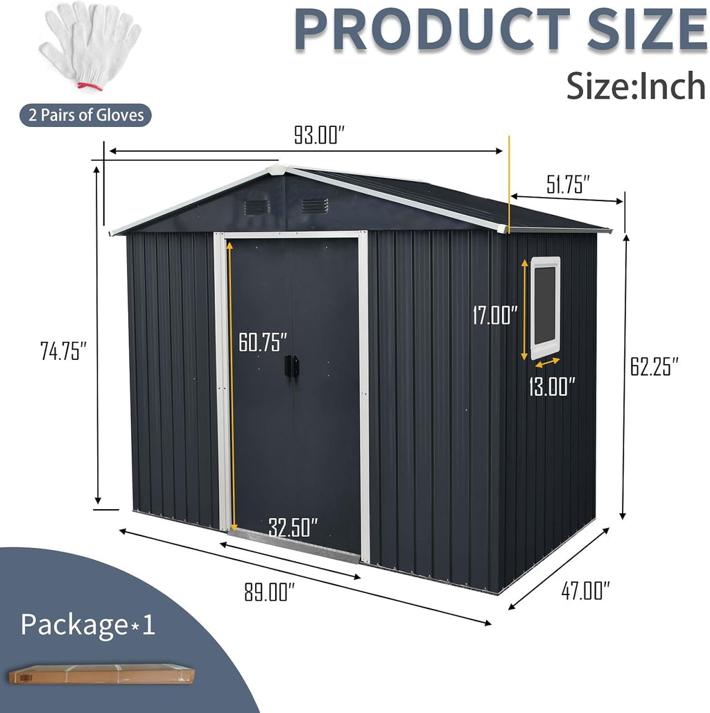 89in*47in Heavy-Duty Outdoor Metal Storage Shed with Floor Foundation & Window - Galvanized Steel Tool Shed, Tiny Home Backyard Solution w/Lock, Shelves & Anchors,Black White