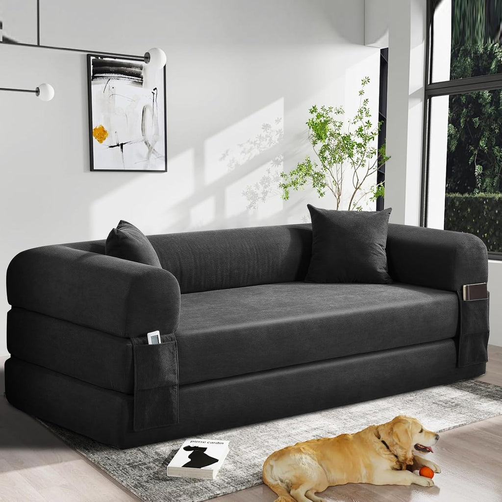KBQ 3-Seat Convertible Sleeper Sofa Bed with 2 Pillows, Corduroy Folding Mattress Couch, Floor Sofa Lounge Couch for Living Room Bedroom Lounge Studio, Deep Gray