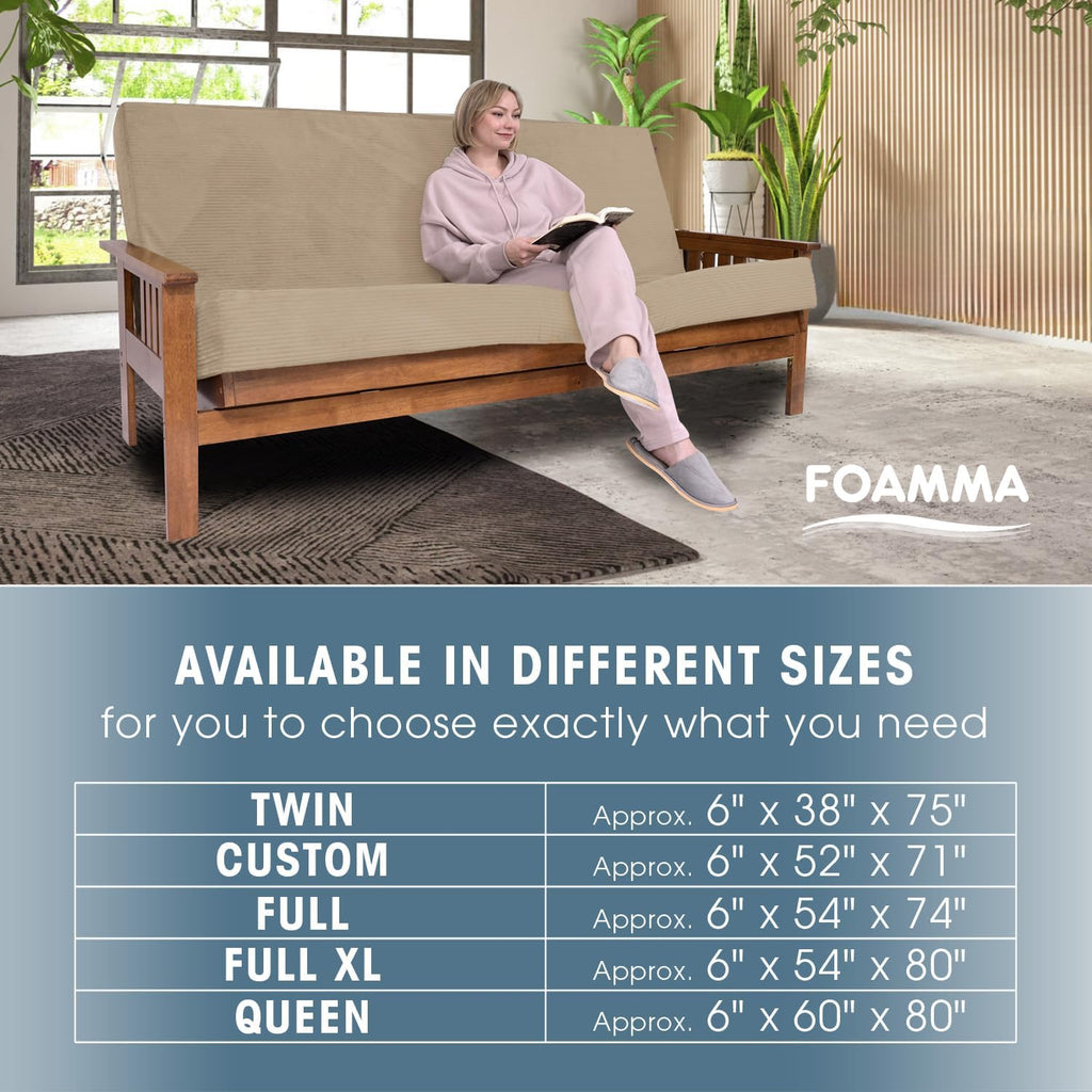 Foamma Memory Foam Futon Mattress, Double-Sided Foldout Couch Futon Mattress, 6' x 54' x 80' Full XL (Beige), Corduroy Fabric - Heavy Duty Sofa Bed, Thick Corded Cushion (Frame NOT Included)