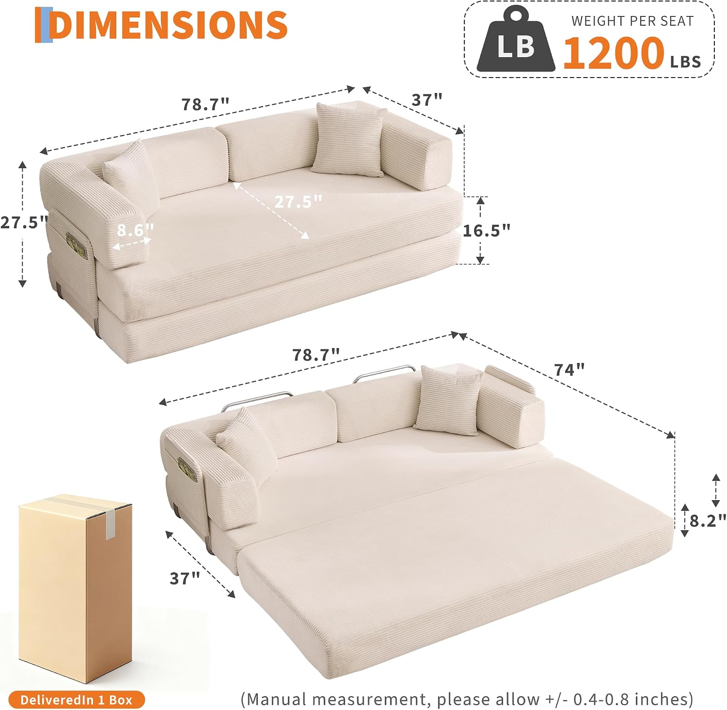 Garvee 5-in-1 Convertible Sofa Bed, 78.8' Modular Corduroy Sleeper with Sturdy Frame & No Assembly, Multi-Functional Futon for Small Space, Living Room & Guest Room (Green) (Beige)