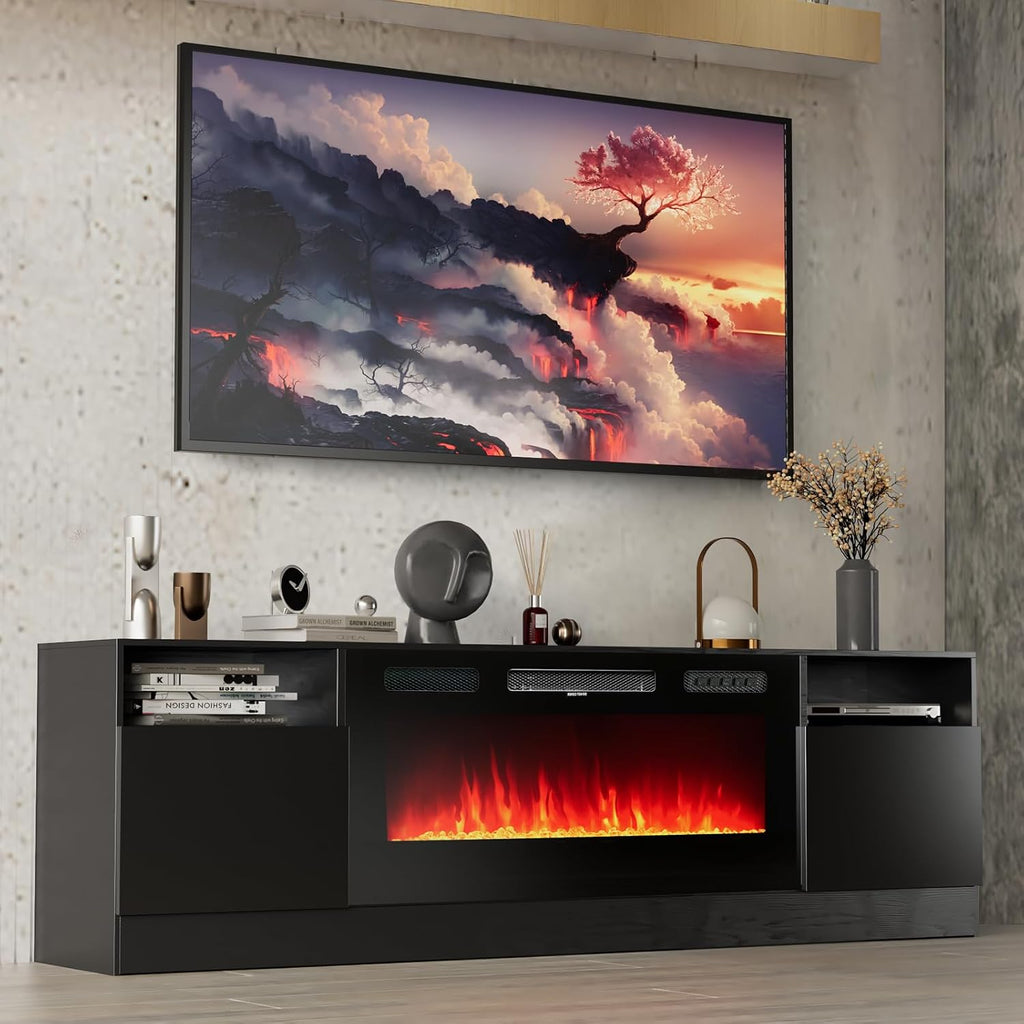 oneinmil Fireplace TV Stand with 36' Electric Fireplace, LED Light Entertainment Center, Modern Wood Texture Entertainment Stand with Highlight Storage Cabinet for TVs Up to 80', 70 inches, Black