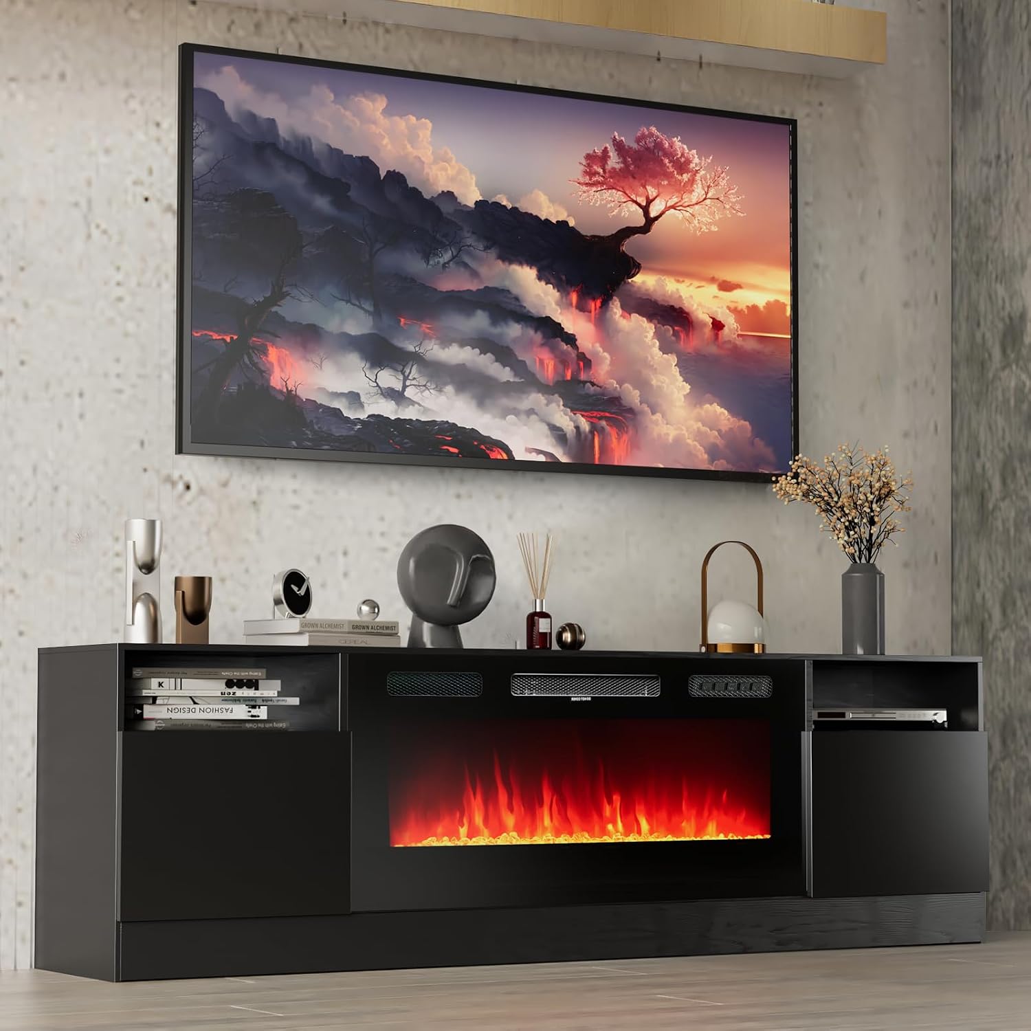 oneinmil Fireplace TV Stand with 36' Electric Fireplace, LED Light Entertainment Center, Modern Wood Texture Entertainment Stand with Highlight Storage Cabinet for TVs Up to 80', 70 inches, Black