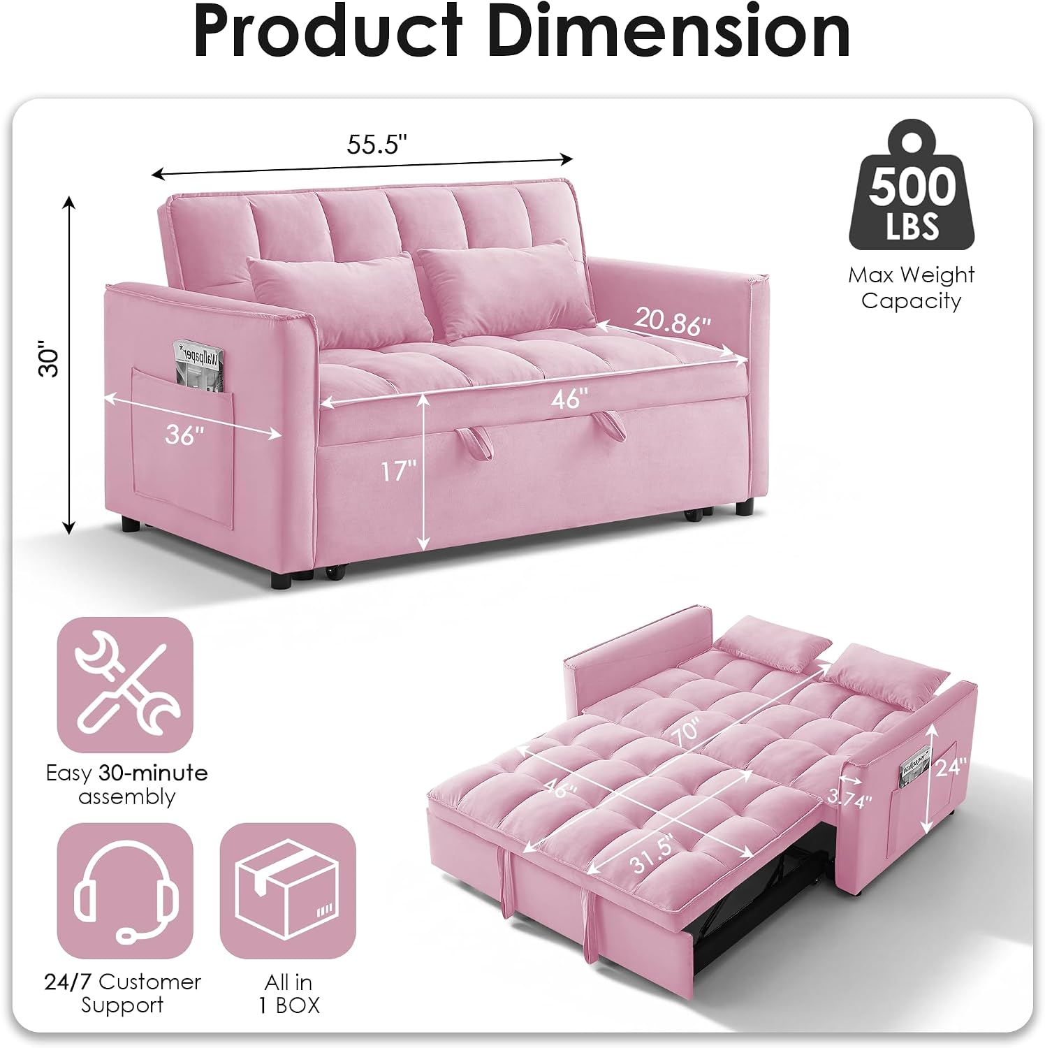 3 in 1 Convertible Sleeper Sofa Bed, 55' Pull Out Couches, Modern Loveseat Sleeper Sofa with Adjustable Reclining Backrest & Side Pockets for Living Room, Velvet Fabric, Pink