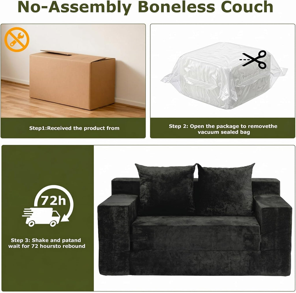 Boneless Couch Loveseat Sleeper, Convertible Sofa Bed Folding Couch Bed, Boneless Chair Bed & Futon Sofa Bed, Small Pull Out Couch Foldable with 4 Pillows for Living Room, Black