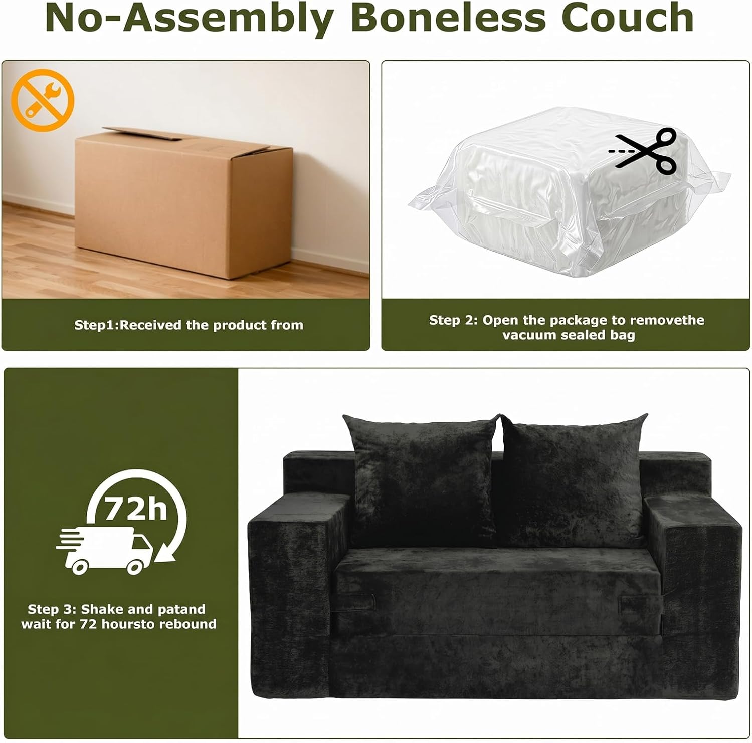 Boneless Couch Loveseat Sleeper, Convertible Sofa Bed Folding Couch Bed, Boneless Chair Bed & Futon Sofa Bed, Small Pull Out Couch Foldable with 4 Pillows for Living Room, Black