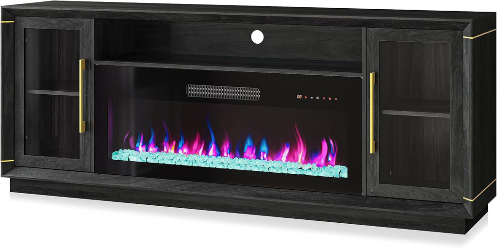 BELLEZE 74' Extra Large TV Stand for TVs Up to 85', Media Console Table with 42' Electric Fireplace Heater, Entertainment Center with Storage Cabinets for Living Room - Black Ebony
