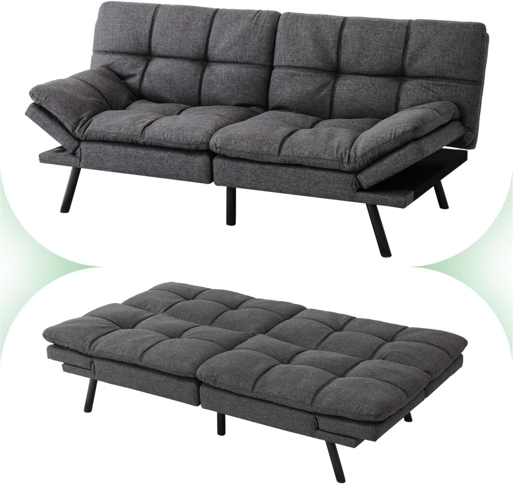 MUUEGM 71' Convertible Futon Sofa Bed, Upholstered Small Futon Couches with Adjustable Backrest, Loveseat Sleeper Bed for Compact Living Room Studio Office (Pure Grey)
