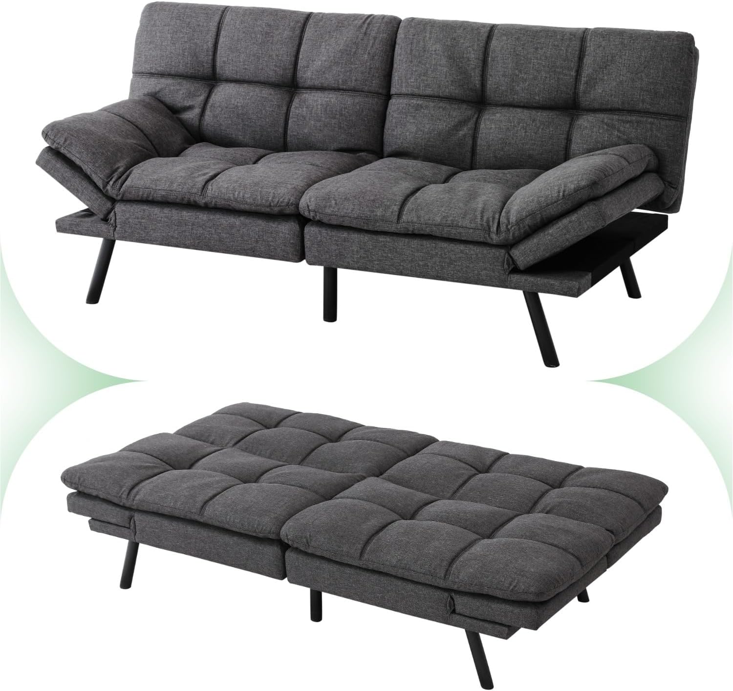 MUUEGM 71' Convertible Futon Sofa Bed, Upholstered Small Futon Couches with Adjustable Backrest, Loveseat Sleeper Bed for Compact Living Room Studio Office (Pure Grey)