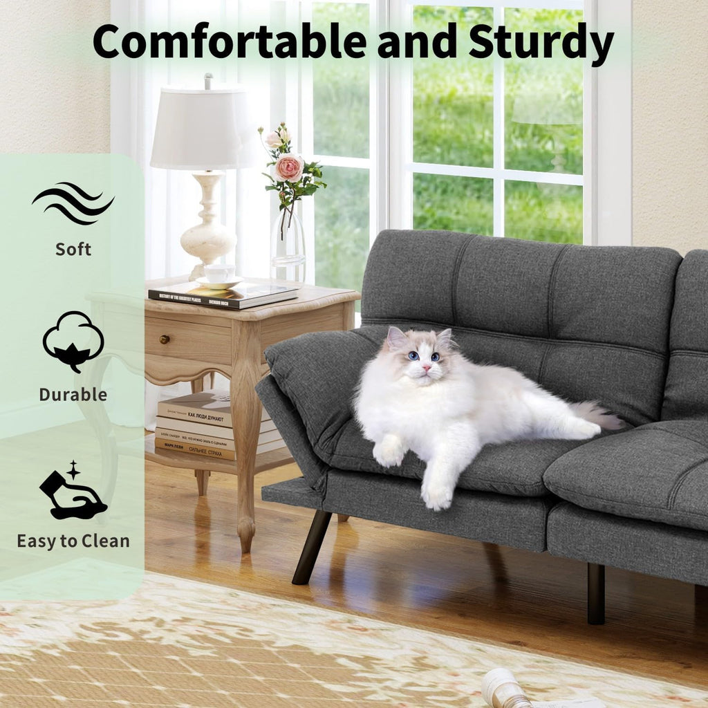 MUUEGM 71' Convertible Futon Sofa Bed, Upholstered Small Futon Couches with Adjustable Backrest, Loveseat Sleeper Bed for Compact Living Room Studio Office (Pure Grey)