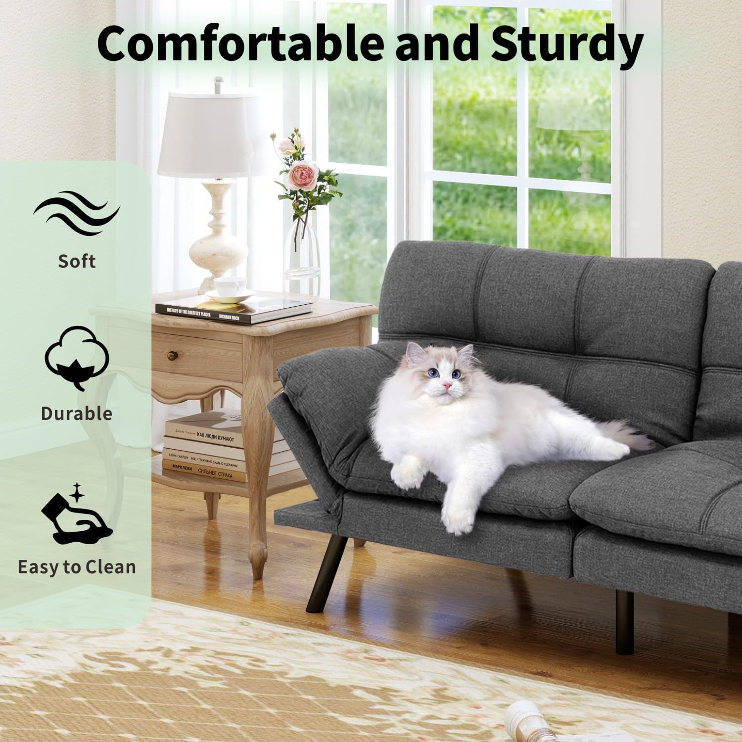 MUUEGM 71' Convertible Futon Sofa Bed, Upholstered Small Futon Couches with Adjustable Backrest, Loveseat Sleeper Bed for Compact Living Room Studio Office (Pure Grey)