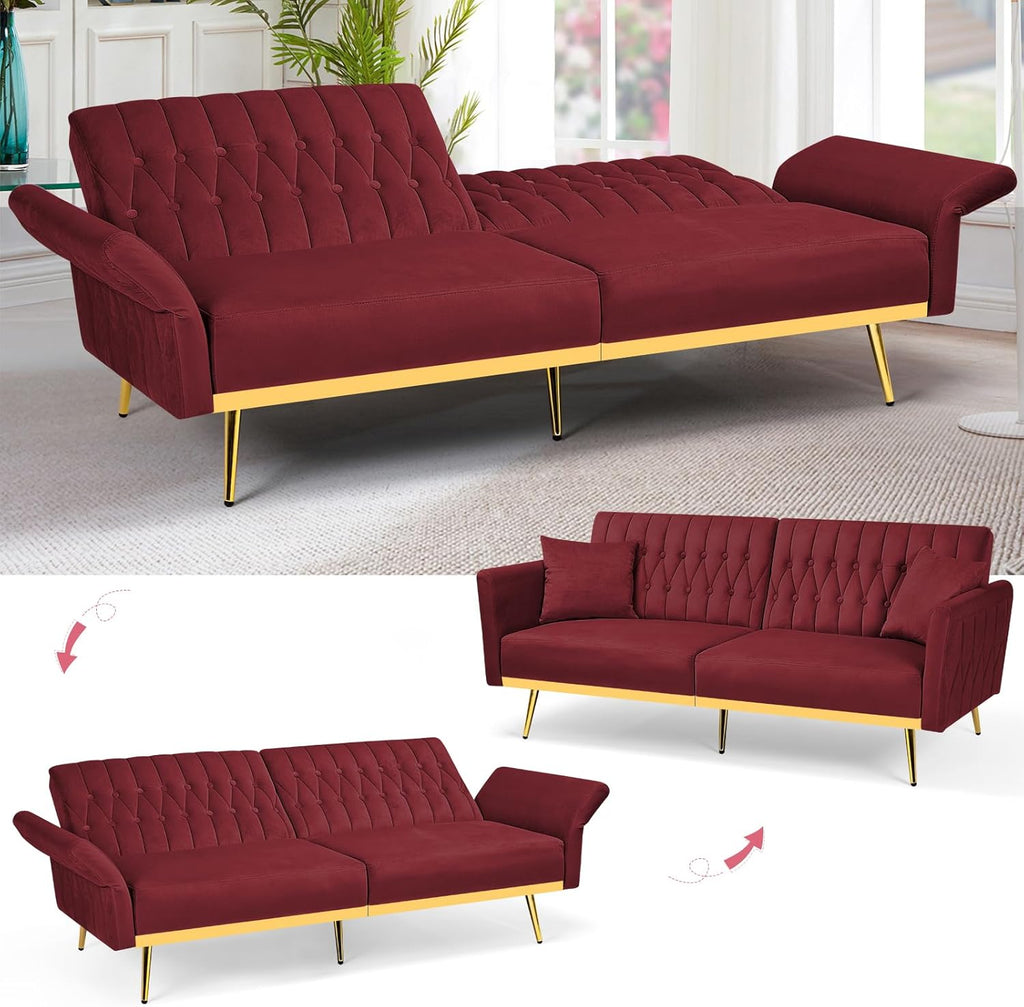 2 Pieces Velvet Sofa Set with Adjustable Armrest and Backrest, 70' Convertible Futon Sofa Bed & Mordern Accent Chair with Ottoman for Living Room, Bedroom, Red