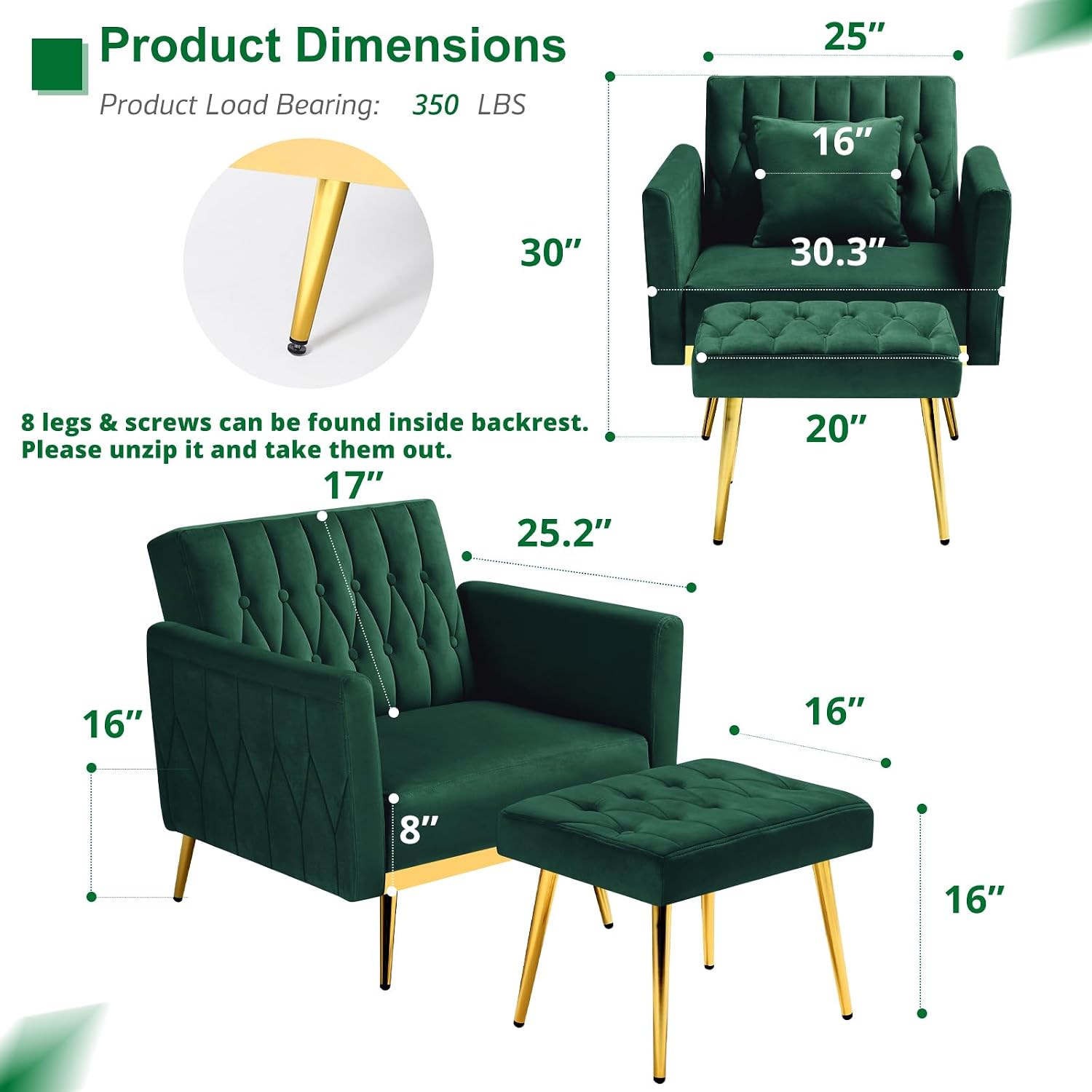 2 Pieces Velvet Sofa Set with Adjustable Armrest and Backrest, 70' Convertible Futon Sofa Bed & Mordern Accent Chair with Ottoman for Living Room, Bedroom, Green