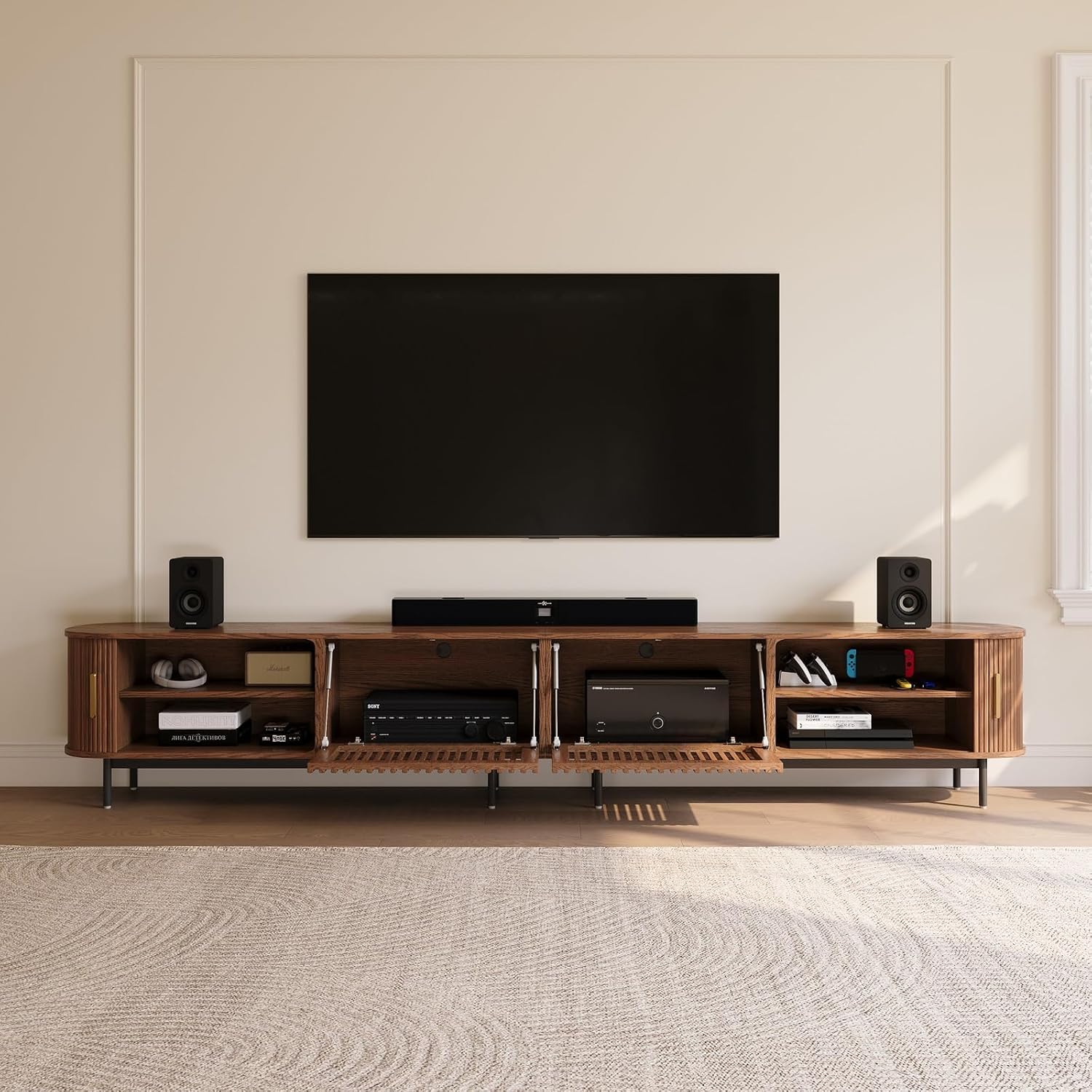 POVISON Fully-Assembled Sliding Tambour Door TV Stand, Mid Century Modern TV Console, Wood Media Console, Entertainment Center with Storage Cabinet (Walnut, 118.11')