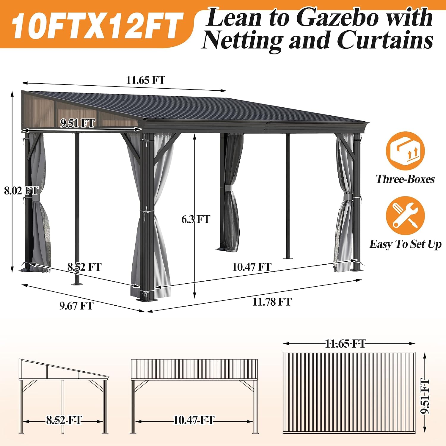 GARTOO 10' x 12' Lean-to Hardtop Gazebo for Patio - Outdoor Wall-Mounted Canopy Awnings，Aluminum Frame Gazebos Pergola with Sloping Metal Roof for Lawn, Patio, Garden, Backyard Deck